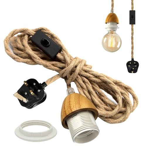 Vintage Hemp Rope Hanging Lights with Plug in Cord,200 in Industrial Plug in Pendant Lighting, Adjustable Rustic Wood Plug in Ceiling Light Fixture, E26/E27 Bulb Holder,for Farmhouse DIY Lampshade