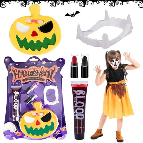 Maquillaje Halloween Kit Niños,dientes vampiro niño,maquillaje halloween niños,Sangre Falsa, Dientes de Vampiro, Maquillaje para Halloween,Pinturas Cara para Niños,para Halloween Carnaval(A)