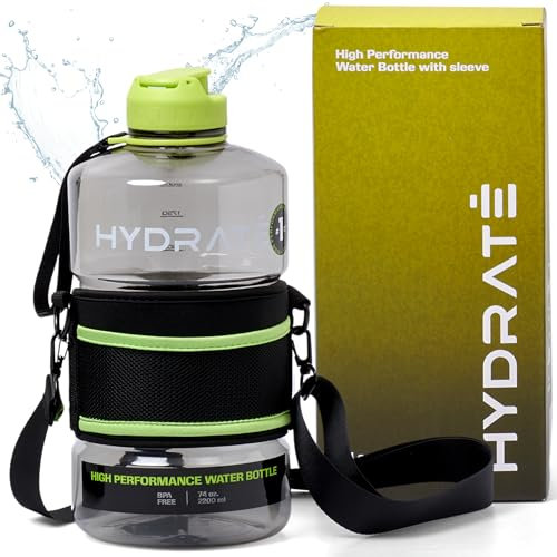 Hydrate Bottles - 2.2L Large Water Bottle with Sleeve - Leak Proof BPA Free Impact Resistant Plastic - Unique Design with Carrying Strap - Ideal for Gym, Workout, Camping, Office - Bitter Lemon Design