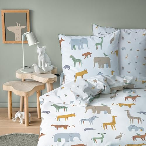 MATT & ROSE Kenya Parure de lit Enfant | 100% Coton | Oeko-TEX | Housse de Couette 140x200cm + Taie d'oreiller 63x63cm | Imprimé Mixte | Blanc