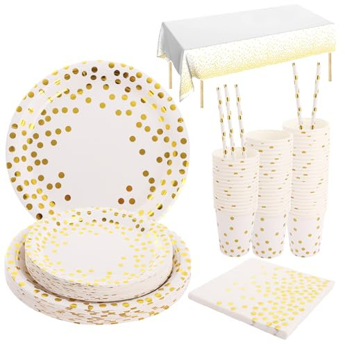 DAJAVE 251 Pcs White and Gold Party Supplies Golden Dot Disposable Party Tableware Set Gold Paper Plates and Napkins Cups Straws Tablecloth for Graduation, Birthday, Wedding, Parties - 50 Guests