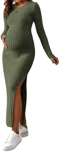 Robe de Maternité Col Rond Couleur Unie Manche Longue Vintage Crayon Robe Pull Moulante en Tricot Maxi Robe Moulante Femme Sexy Chic et Elegant Tunique Enceinte Vetement Grossesse et Allaitement
