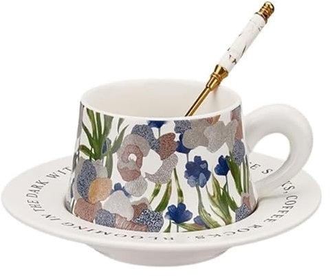 MEMEM Coffee cupMugs Vintage Iris Pattern Ceramic Cup and Saucer Coffee Mug High-Value Afternoon Tea Cup Mug, 260ml Coffee Mug(White)