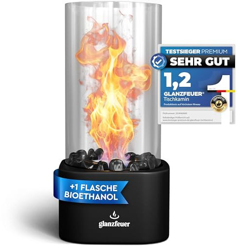 Glanzfeuer Bioethanol Tischkamin Outdoor & Indoor inkl. Bio Ethanol - Extra Lange Brenndauer - Tischfeuer Deko - Tisch Kamin Feuer Set - Garten & Deko Geschenk