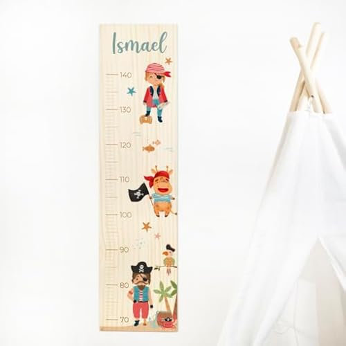 DEHOME - Medidor de Altura Infantil de Madera Personalizado con Nombre – Decoración habitación Infantil con Impresión Directa en Pino Natural – Regalo Original para Niños (Pirata)