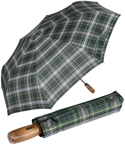 iX-brella - Herrenschirm XXL 121 cm mit echtem Holz-Stabgriff und Auf-Zu-Automatik - check green