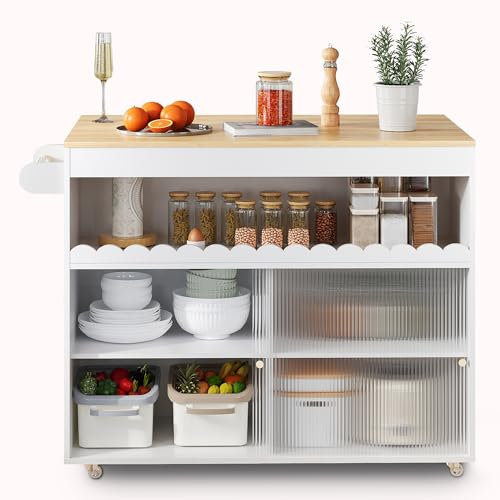 SogesHome Bartisch Kücheninsel Servierwagen mit Klappbar Arbeitsplatte aus Eichenholz, Schiebetüren aus gehärtetem Glas, verstellbare Einlegeböden, Handtuchhalter,122x46x91 cm Weiß