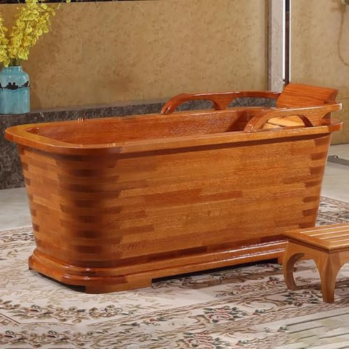 TT-YEC Moderne Freistehende Badewanne Aus Eiche, Holzbadewanne Mit Kissen, Badewanne Für Erwachsene Mit Innenhocker Und Handläufen, Ablassventil, Luxuriöse SPA-Badewanne,L130cm