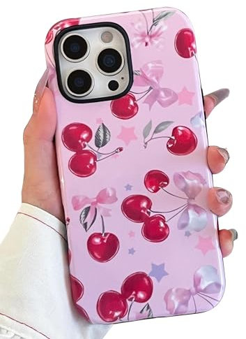 QLTYPRI Case for iPhone 16 Pro Max, Aesthetic Cute Pink Cherry Bow Phone Case for Girls Women, Protective Hybrid 2-Layer Hard Shell Silicone Cover Durable Shockproof Phone Cover - Pink