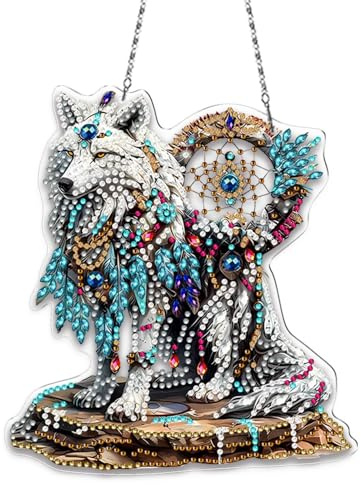 CXINLky DIY Diamond Art Painting Anhänger mit Kette, Diamant Painting Fensterbilder Wandbehang Kits für Fenster Wand Eingang Garten Decor Diamant mit einseitiger Spitze-04-Wolf
