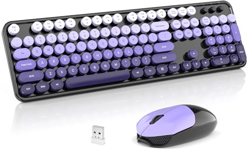 Wireless Keyboard and Mouse, Typewriter Keyboard and Mouse Wireless Combo, 2.4GHz Wireless Retro Keyboard and Wireless Mouse for PC/Laptop/Desktop/Windows (Purple Colorful)
