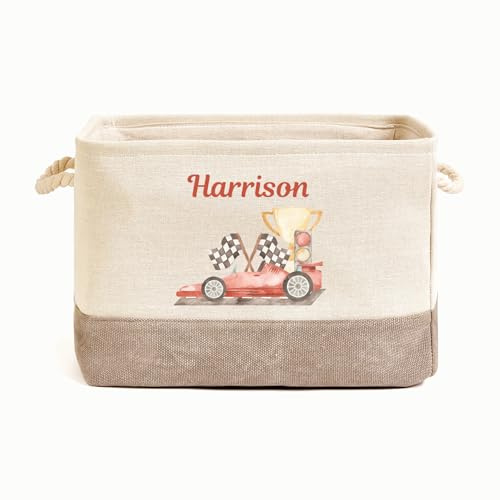Racing Cars Personalised Toy Box Storage Caddy Basket Canvas With Handles – Boys Organiser Bin for Bedroom Nursery Playroom Size Small 30cm