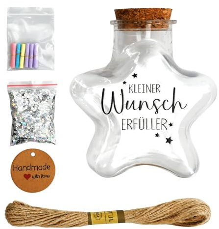 Wunscherfüller Geldgeschenk Dekoflasche mit Korken, Kreatives Geschenkset mit 6 Rollen Bunter Wunschzettel, Perfekt für Geburtstage, Taufen, Kommunion, Konfirmation, Jugendweihe und Hochzeiten