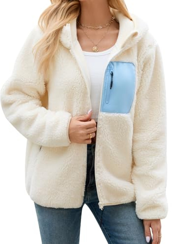 Tuopuda Teddyfell Jacke Damen Herbstjacke Fleecejacke Warme Fleecemantel Damen Kapuzenpullover Zipper Hoodie Plüschjacke mit Taschen