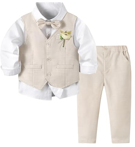 Volunboy Baby Boys 4-Piece Formal Suit, Toddler Waistcoat Wedding Party Birthday Dress Gentleman Suit(Tag Size 120,4-5 Years,Beige