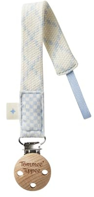 Tommee Tippee Comforter Clip Dummy & Soother Holder 0m+ Blue | Organic Cotton Loop-on Design, Compatible with Any Soother or Dummy, Natural Beech Wood and Stainless Steel Clip