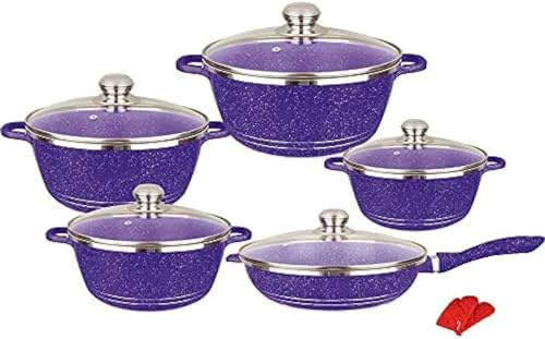 Granit-Kochgeschirr-Set – 10-teiliges antihaftbeschichtetes Aluminium-Küchengeschirr mit Glasdeckeln – Marmorbeschichtete Töpfe und Pfannen zum Braten und Kochen von Essentials, Farbe: Lila