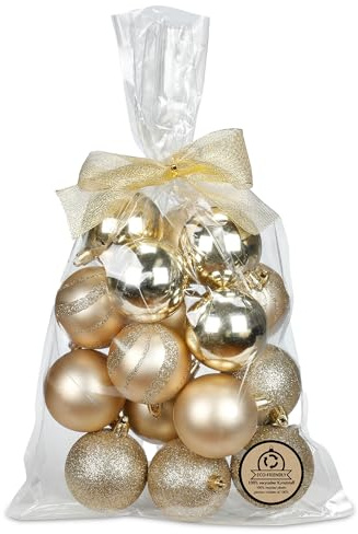 DecoLite Christbaumkugeln Kunststoff, 6 cm, 16er Set, Gold | Weihnachtskugeln aus recyceltem PVC, bruchsicher, matt, glänzend & glitzernd, für Baum, Kranz & Tischdeko