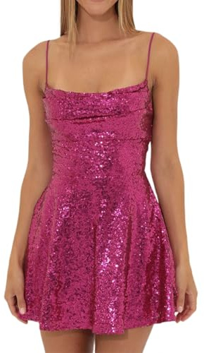 Generisch Robe à paillettes pour femme - Courte - Paillettes - Bretelles spaghetti - Avec papillon - Mini robe sexy à paillettes - Coupe ajustée - Robe festive brillante, rose, S