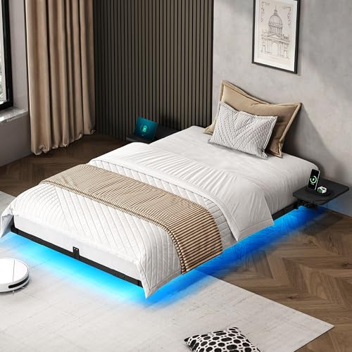 YITAHOME Bettgestell LED-Beleuchtung USB-Ladestation Schnittstelle Type-C schwebendes Design Metallrahmen Stoffbezug in ohne Matratze 90X200CM