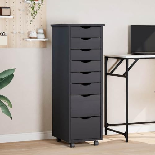 XHNIFBN Rollschrank grau 34x39x103 cm Kiefer massiv 8 Schubladen Büro Aktenschrank auf Rollen platzsparend für Homeoffice Wohnzimmer Schlafzimmer