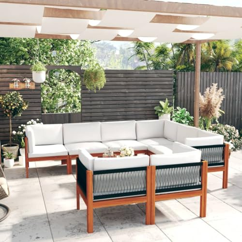 Mimdixy Set di 10 pezzi per divano da giardino, in legno di acacia e corda, per esterni, per balcone, terrazza, cortile, stabile