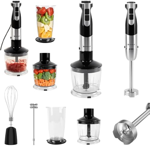 5-In-1 Stainless Steel Hand Blender, 1300W Immersion Hand Blender Set Food Processor Chopper Mixer Bowl Egg Whisk & Beaker, 12 Adjustable Speed & Turbo Mode, Fruit Veg Mini Chopper Kitchen