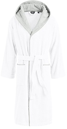 Egeria Cairo Bademantel Saunamantel mit Kapuze für Damen & Herren in 4 Farben, 100% Baumwolle, Gewicht: 360 g/m² (XXL, 001/020 Weiß/Grau)