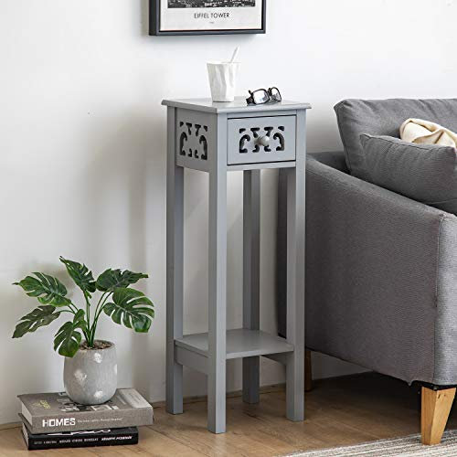 woodluv Bedside Table, Side Table, Tall Telephone Table, Drawer Storage unit, End Table, for Bedroom, Living Room, Grey