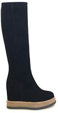 Stivali con Zeppa Interna in camoscio Nero Suola Alta para Vera Pelle Made in Italy
