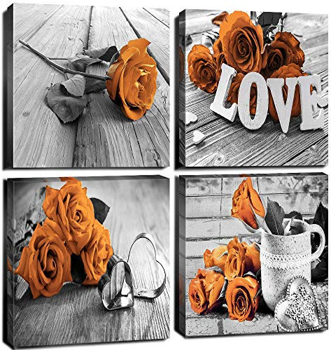 Schwarz-weiße Schlafzimmer-Wanddekoration, orangene Rose, Kunstdruck, ästhetisches Blumengemälde, Bild, 4-teiliges Set, Zubehör, graue Holzmaserung, moderner Valentinstag, Geschenk, 20.3 x 20.3 cm