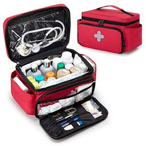 CURMIO Small Medicine Storage Bag, Empty Family First Aid Kits Case, Red