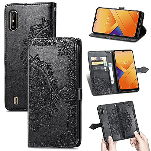 SATURCASE Hülle für Wiko Y81, Mandala PU Lederhülle Magnetverschluss Brieftasche Kartenfächer Standfunktion Handschlaufe Handy Tasche Schutzhülle Handyhülle für Wiko Y81 (MA-Schwarz)