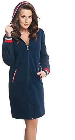DOROTA kuscheliger und moderner Damen Bademantel, mit Reißverschluss, Taschen & Kapuze, made in EU, dunkelblau-rot, Gr. M