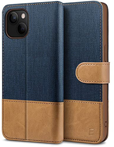 BEZ Case for iPhone 13, iPhone 13 Phone Case Compatible with iPhone 13, Flip Wallet Cover [Canvas Faux Leather] with Credit Card Holders, Kick Stand, Magnetic Strap Closure, Blue Navy