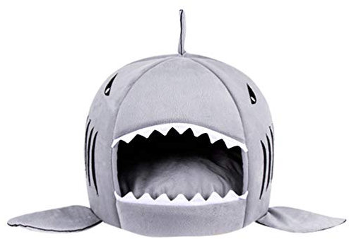 ZhuiKun 2 in 1 Faltbar Haustier Höhle Hai Hundebett Hundehaus mit Abnehmbarem Waschbarem Kissen Katze Schlafsack - Grau,M