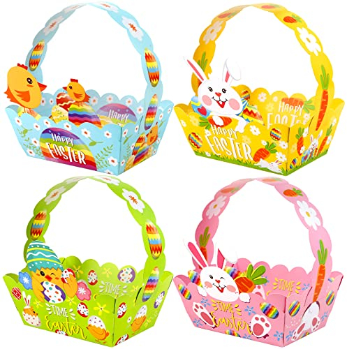GWHOLE Cestini Pasquali 12pz, Cestino Carta Artigianato, Regalo di Pasqua, 4 Colori, Motivi Gallina Coniglio Uova, 12x6.2x7.8cm