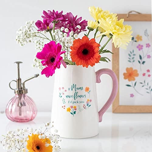 SJ TRADERS Flower Vase Jug, If Mums Were Flowers Pitcher Vase Jug, Artificial Decorative Vases for Roses, for Home Decor & Living Room (Pink Handle Vase)