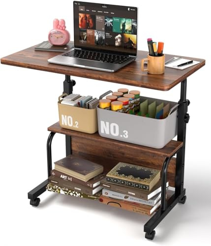 QZMDSM Portable Rolling Desk on Wheels Adjustable Height Desks for Small Spaces, 32 Computer Desk Drafting Tables with Storage Shelves for Home Office Rustic