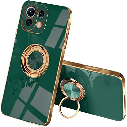 UPLAI Stilvoll Hülle für Xiaomi 11 Lite 5G NE/Xiaomi Mi 11 Lite, Slim Stoßfest Galvanik-Design Handyhülle Case mit Ringhalter, Sanft TPU Silikon Bumper Schutzhülle Cover.Dunkelgrün
