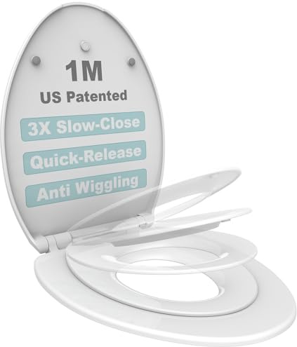 1M Family Toilet Seat, Patented Slow Close & Quick Releasing Technology, Anti-Wiggling, Easy to Install and Clean, Standard Elongated with Toddler Seat Built In (1 Piece)