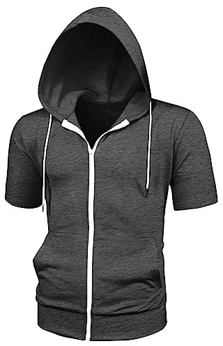 Lars Amadeus Men's Hoodies Solid Color Zip Up Short Sleeve Jackets with Hood Dark Gray XL