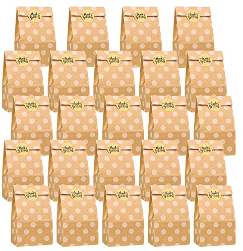 Papiertüten Klein, 24 Stück Geschenktüten Braun Kraftpapiertüten mit Aufkleber Papier Tüten zum Kindergeburtstag Verpacken von Geschenken Süßigkeiten Beutel Mitgebsel Tüten(Punkte)