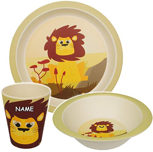 alles-meine.de GmbH 3 TLG. Set - Kunststoff - Geschirrset - Löwe/Zoo Tiere - inkl. Name - BPA frei - Kunststoffgeschirr - Trinktasse + Teller + Müslischale - Spülmaschinenfest ..