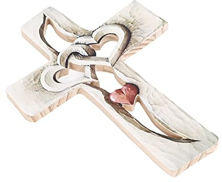 Holzkreuze, Geschnitztes Holzkreuz Mit Ineinandergreifenden Herzen, Geschnitzte Holzwanddekoration, Handgeschnitztes Holzkreuz, Holzornament Für Die Innendekoration(23×17cm)