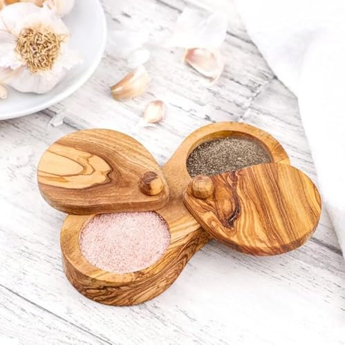 M'zaytouna Pots à épices en bois d'olivier - Double compartiment sel et poivre avec couvercle - 100% bio fait à la main, rustique, antibactérien et durable, en pur bois d'olivier