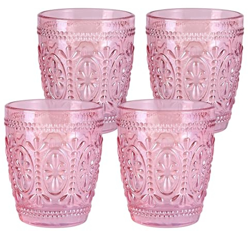 abrwyy Juego de 4 vasos de cristal rosa, vasos de vidrio para bebidas, vasos vintage, juego de cristalería de colores para fiesta, boda, hogar, oficina, regalo