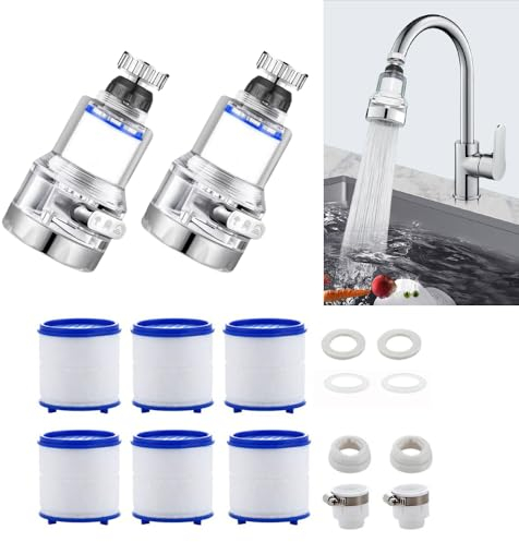 Sprießen 2 Stück Wasserhahn Filter Für Trinkwasser,Wasserfilter Wasserhahn,3 Modi Wasserfilter Für Wasserhahn,Mit 6 Stück Pp-Baumwolle Filterelement Und Universaladapter Für Spüle, Küche, Badezimmer
