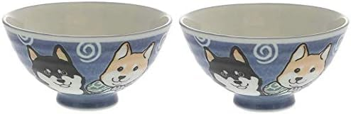 j-pure hitomi Japanese Ceramic Rice Bowl Set Shiba Dog Blue 4.92 Inches Diameter Mino Ware Chawan Set of 2 Bowls from Japan