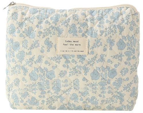 Starnearby Trousse de Toilette Matelassée Femme en Coton Doux, Trousse de Maquillage Fleurie, Pochette de Rangement Maquillage, Pochette Matelassée Maquillage, Trousse Cosmétique de Voyage